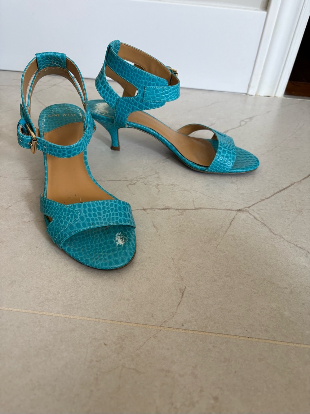 Nine West Turquoise Ankle-Strap Kitten Heel Sandals